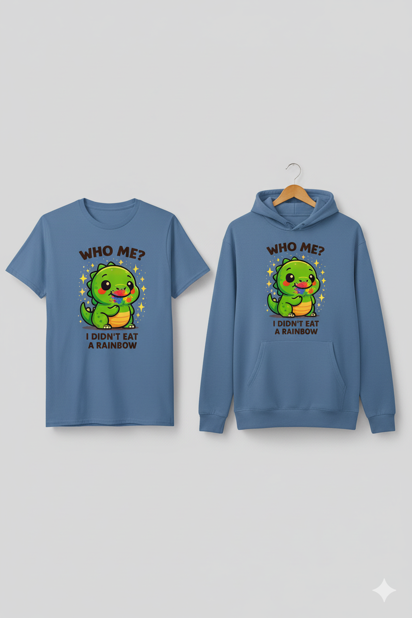 Cute Dinosaur Graphic Tee - "Who Me? I Didn't Eat a Rainbow"