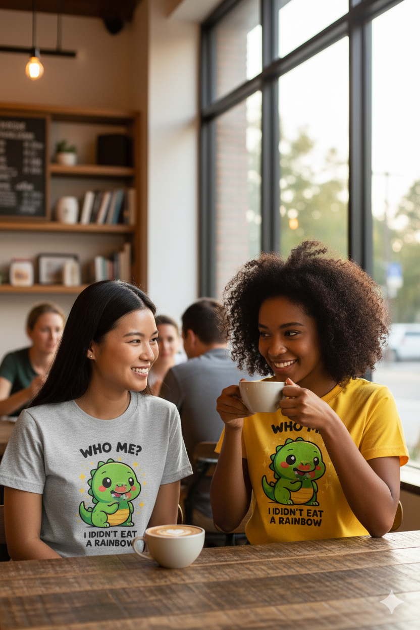 Cute Dinosaur Graphic Tee - "Who Me? I Didn't Eat a Rainbow"