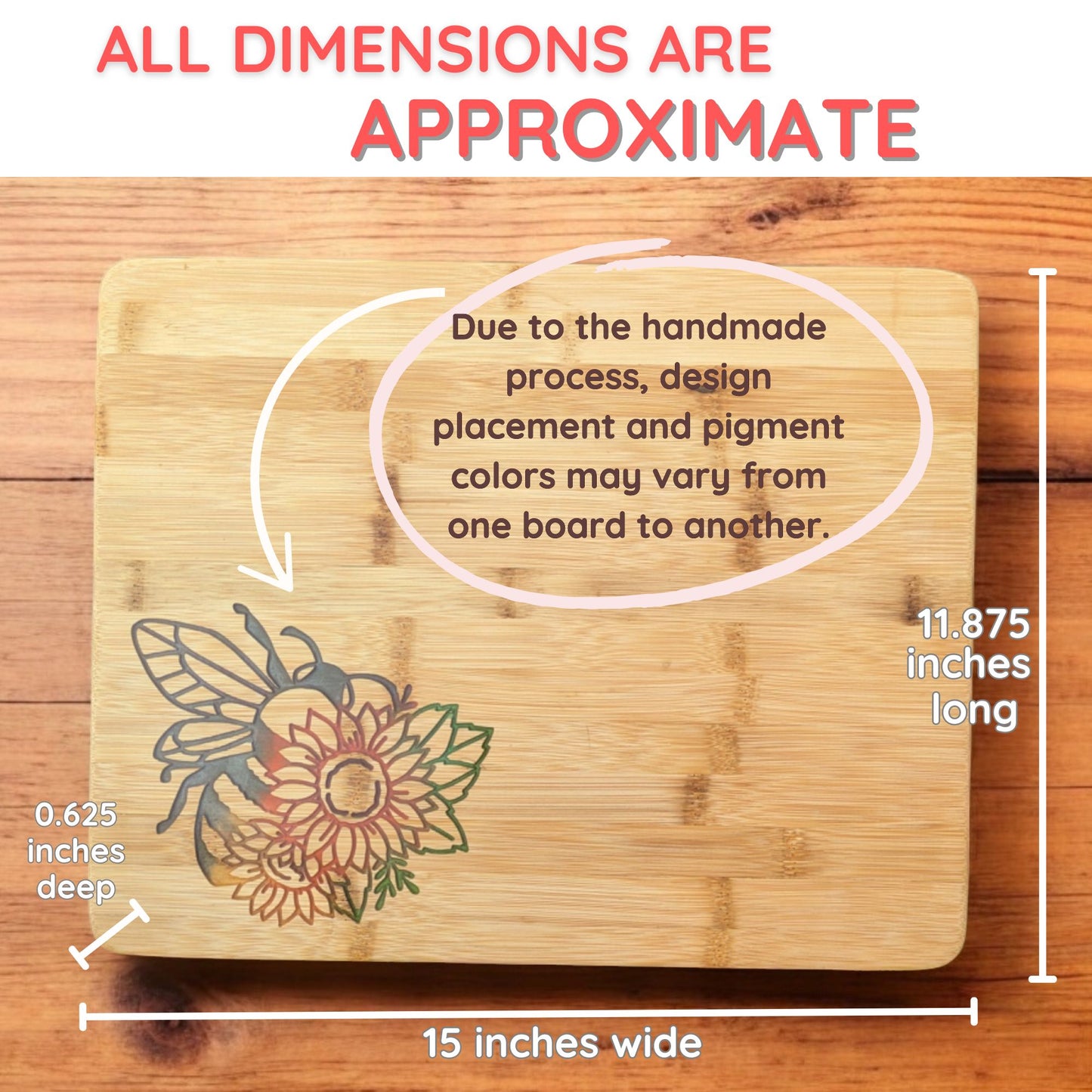 Sunflower Bumblebee Bamboo Cutting, Charcuterie, Serving Board - 15 x 11.875 x .625 inches