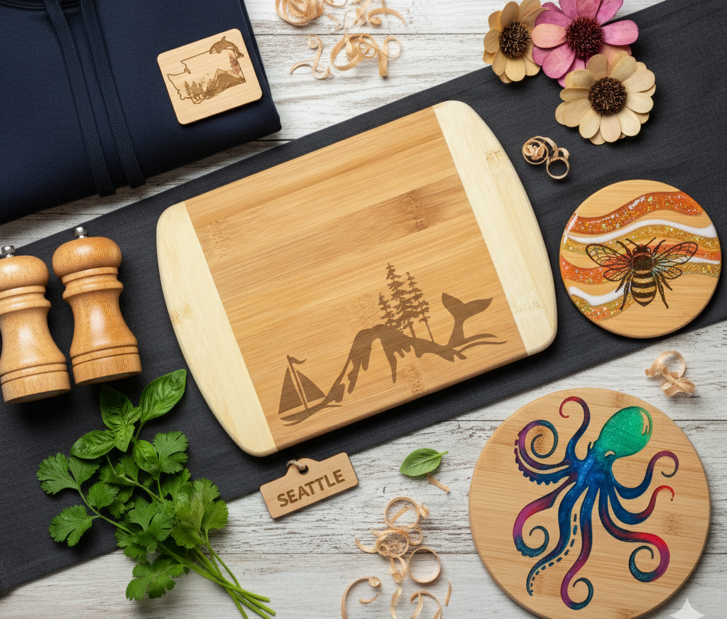 Wooden cutting board with laser-cut design, 'Seattle' tag, and colorful octopus coaster on a wooden surface.