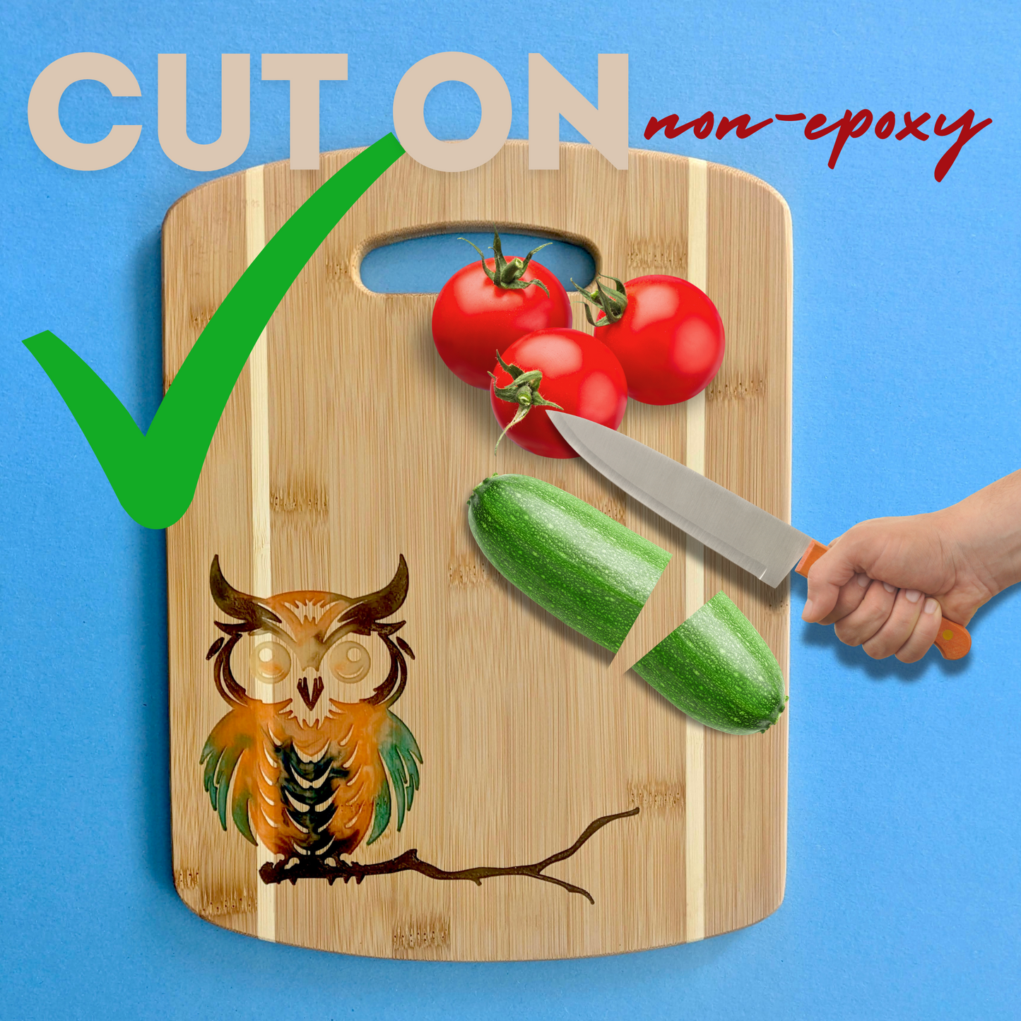 Bamboo Serving Cutting Board with Owl Epoxy Resin Inlay - 11 x 8.5 x .375 inches