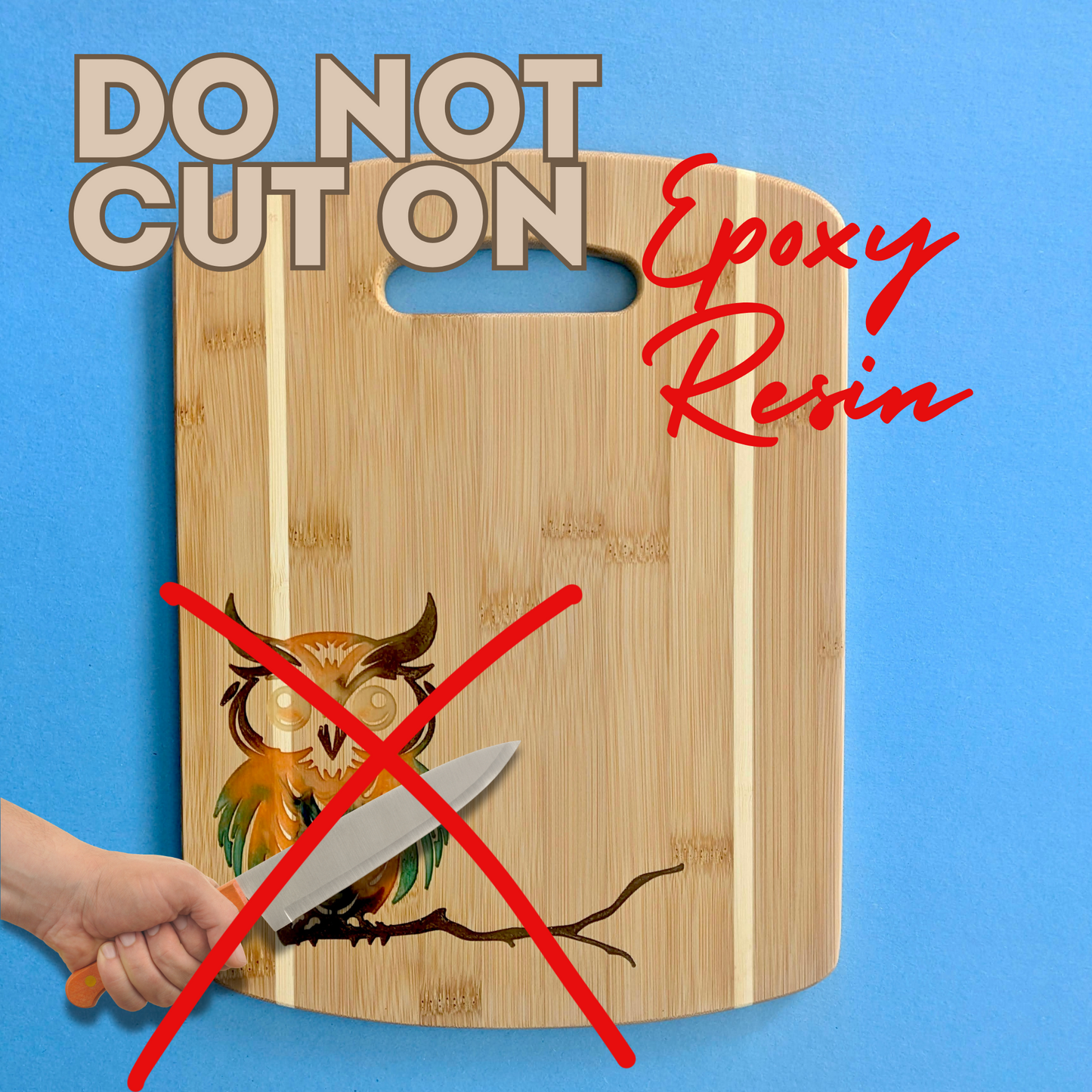 Bamboo Serving Cutting Board with Owl Epoxy Resin Inlay - 11 x 8.5 x .375 inches