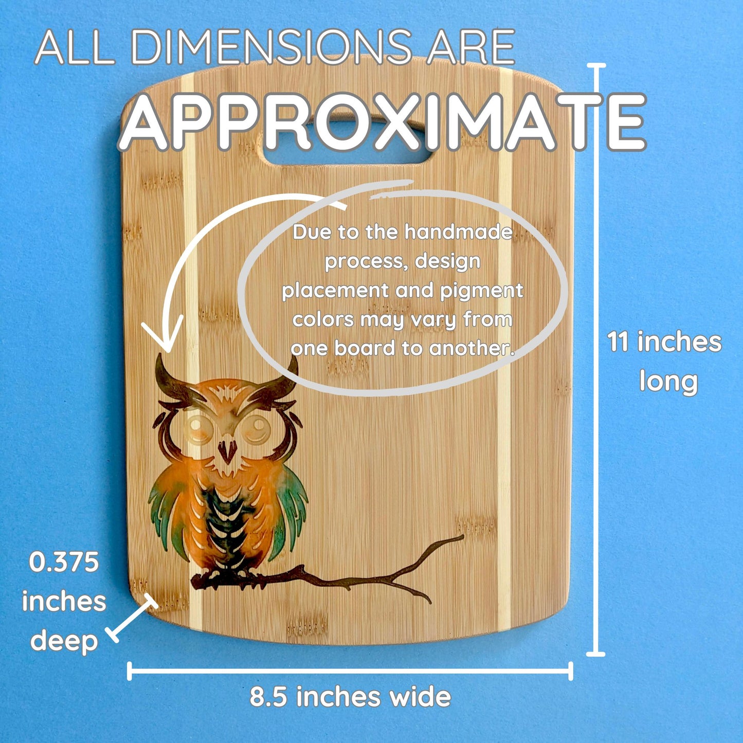 Bamboo Serving Cutting Board with Owl Epoxy Resin Inlay - 11 x 8.5 x .375 inches