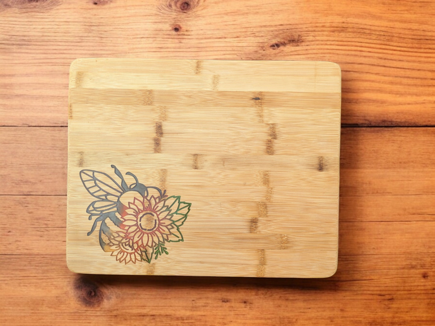 Sunflower Bumblebee Bamboo Cutting, Charcuterie, Serving Board - 15 x 11.875 x .625 inches