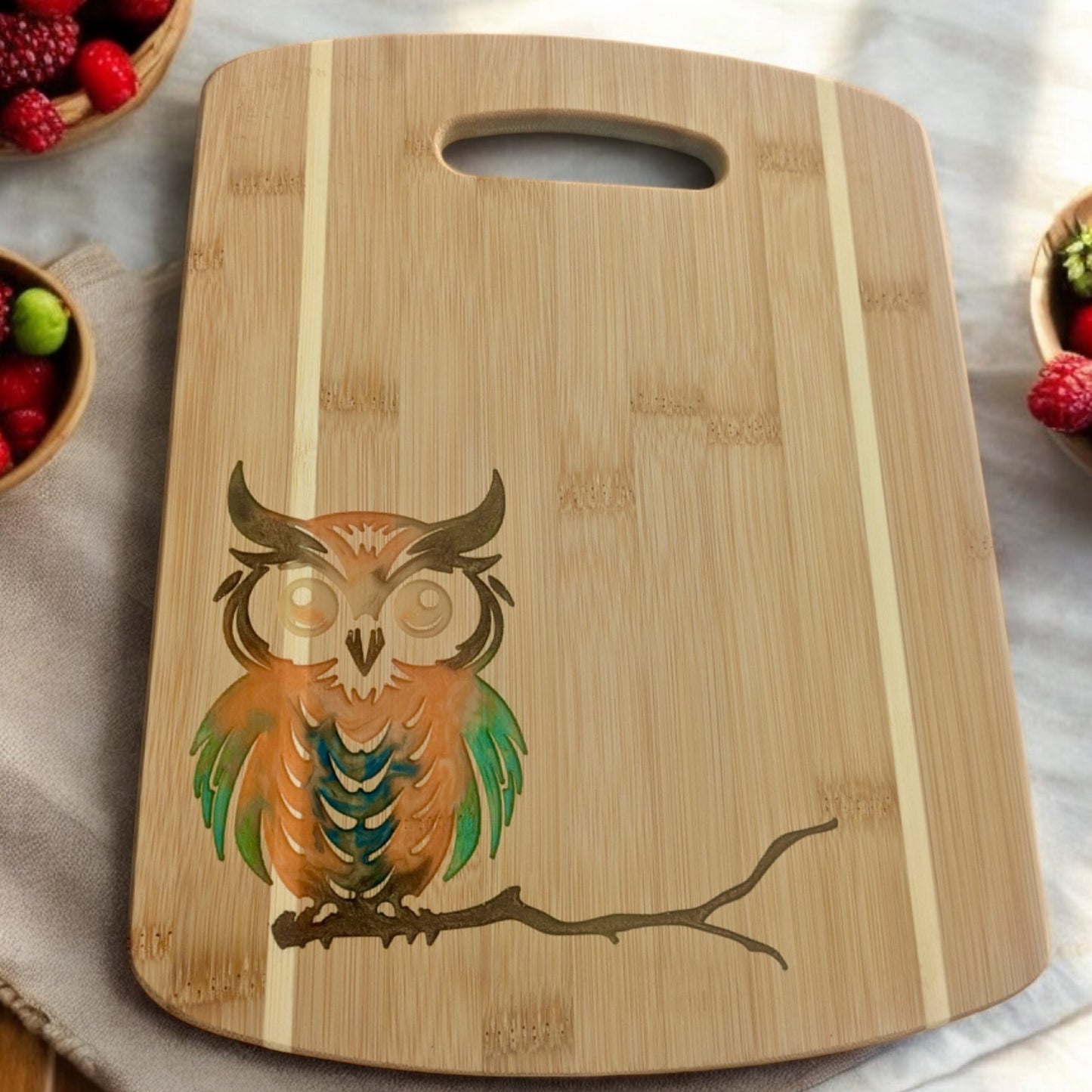 Bamboo Serving Cutting Board with Owl Epoxy Resin Inlay - 11 x 8.5 x .375 inches