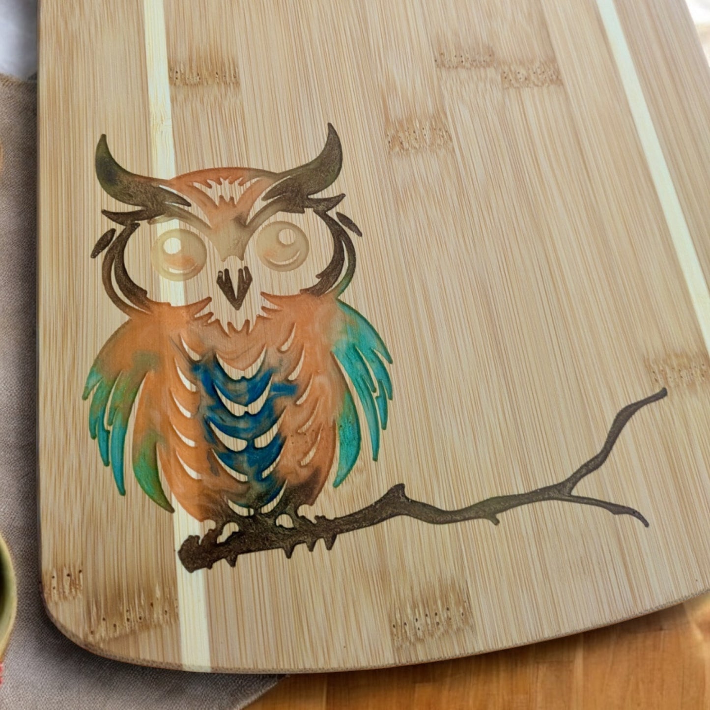 Bamboo Serving Cutting Board with Owl Epoxy Resin Inlay - 11 x 8.5 x .375 inches