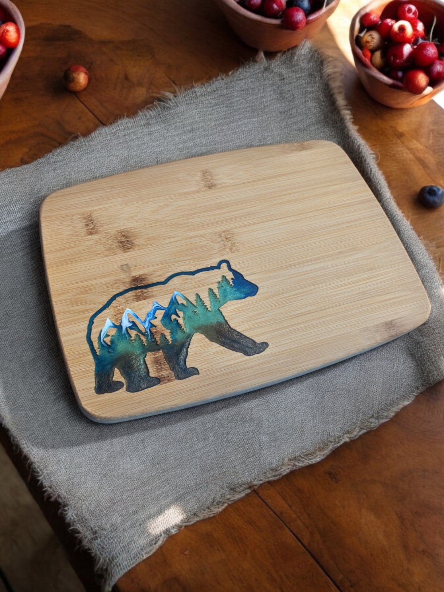 Nature's Majesty: Bear Bamboo Serving Cutting Board - 11 x 8 x .625 inches - Epoxy Resin Inlay