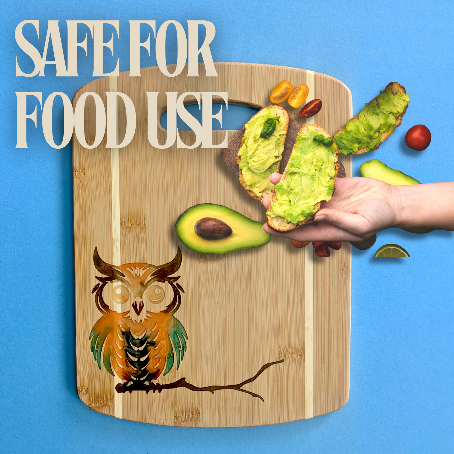 Bamboo Serving Cutting Board with Owl Epoxy Resin Inlay - 11 x 8.5 x .375 inches