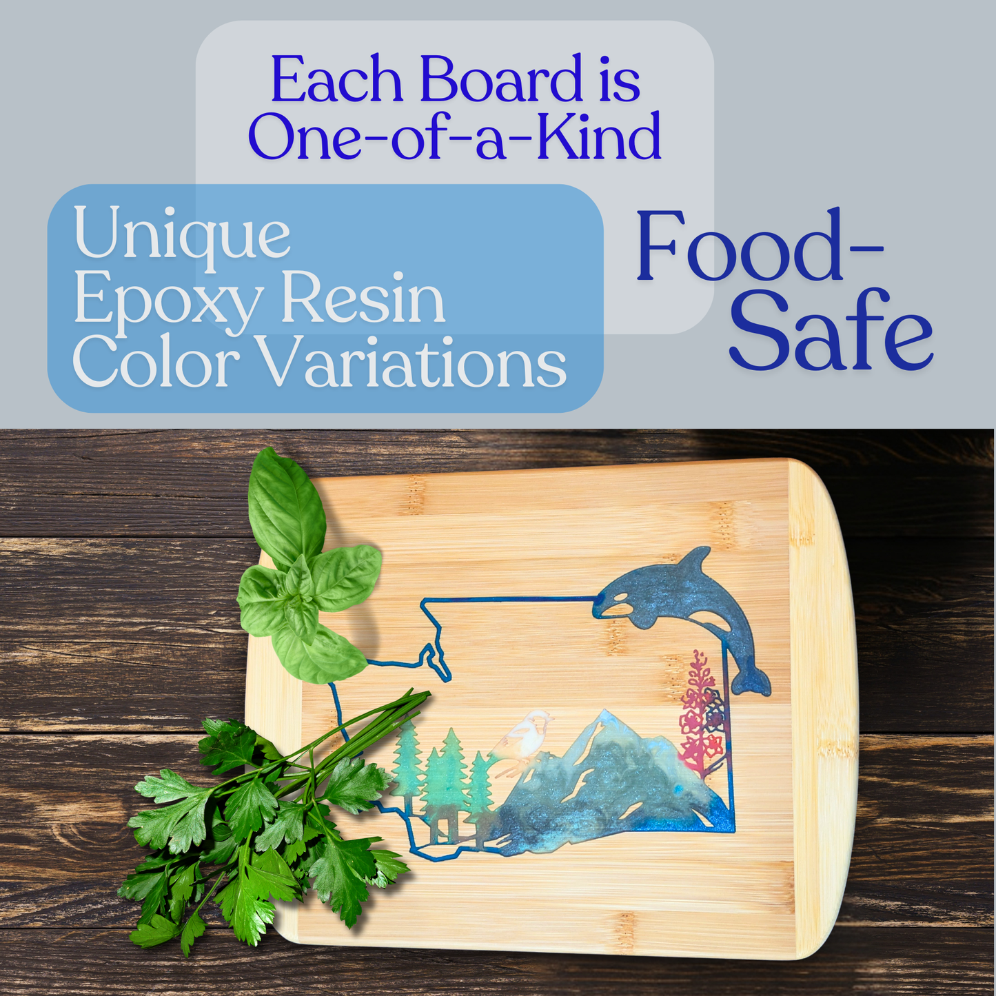 THE BLENDED OASIS - Bamboo Cutting Board - PNW Pacific Northwest Epoxy Resin Designs (Washington State) - Epoxy Resin Inlay