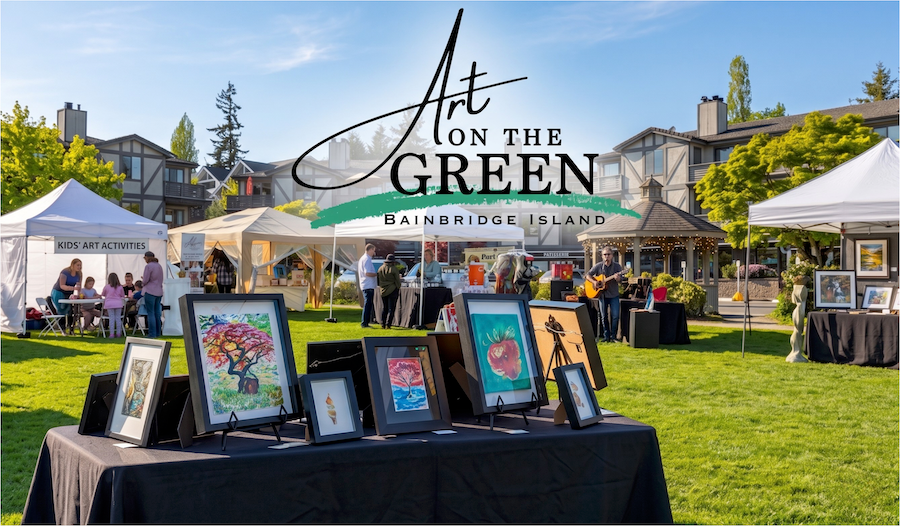 Outdoor artisan market booths on the grass lawn at Winslow Green for Art on the Green on Bainbridge Island, featuring framed local artwork and live music.