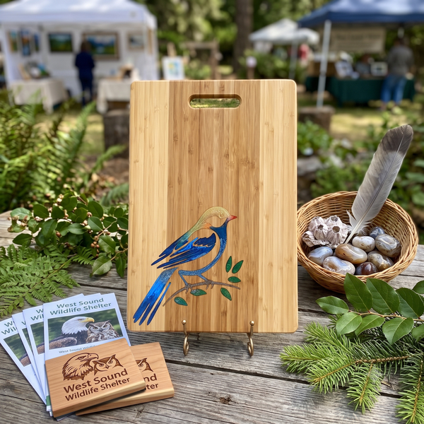 Handcrafted vertical bamboo cutting board with a colorful blue resin bird in-lay by The Blended Oasis, displayed alongside West Sound Wildlife Shelter brochures and local Bainbridge Island nature elements.