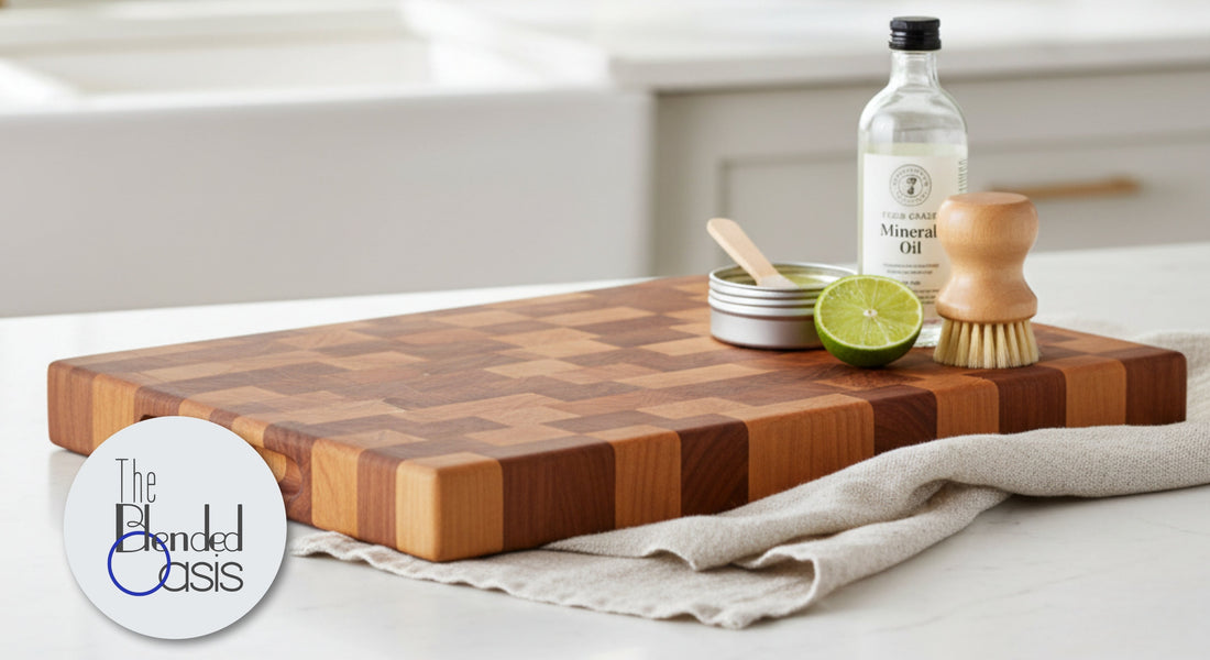A high-quality end-grain cutting board with a tag, a white towel, food-grade mineral oil, and a tin of The Blended Oasis Board Butter, beside a lime and a brush, on a kitchen counter.