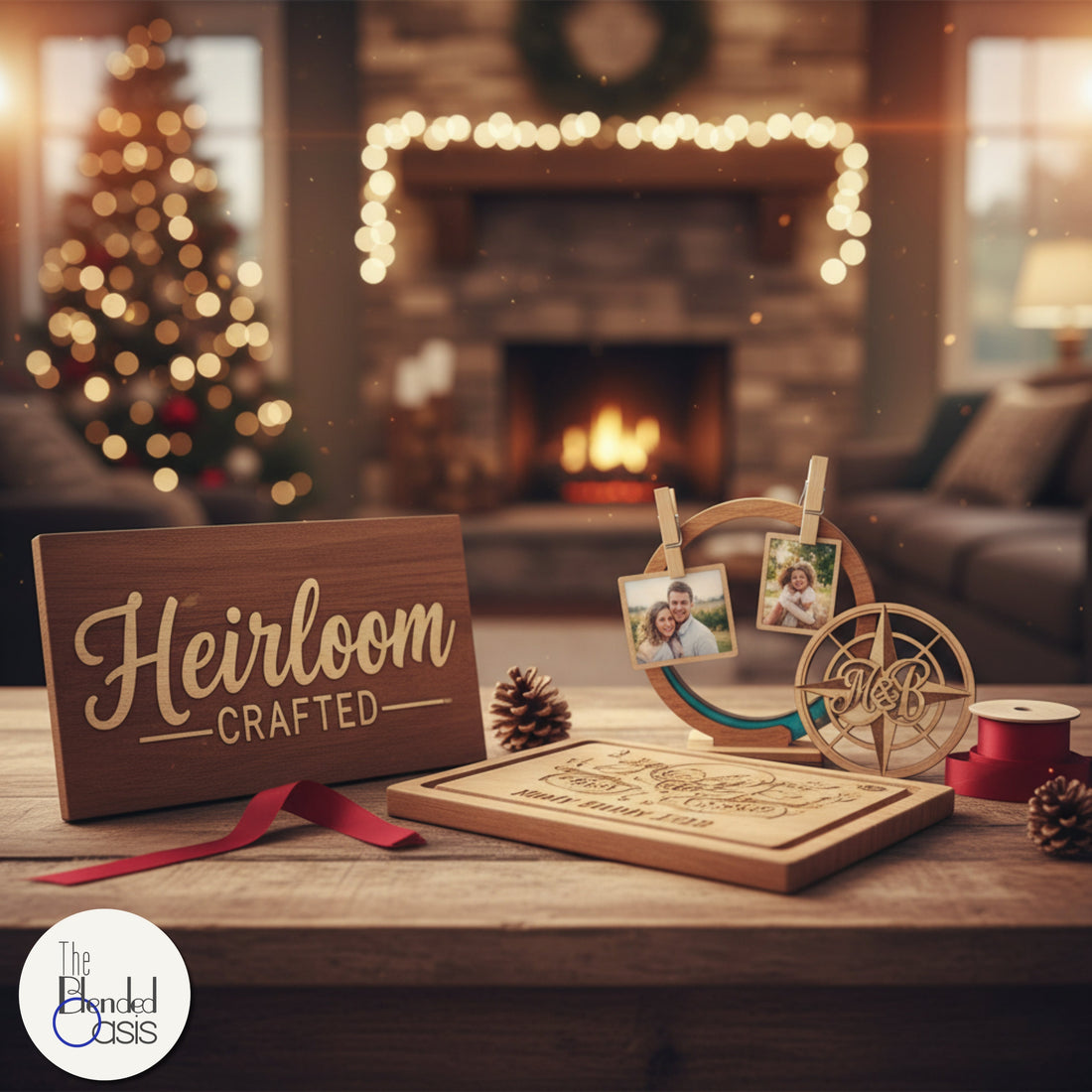 A festive holiday living room scene with a glowing fireplace and Christmas tree, featuring a wooden "Heirloom Crafted" sign, a personalized photo display, and an engraved wooden gift on a rustic table.