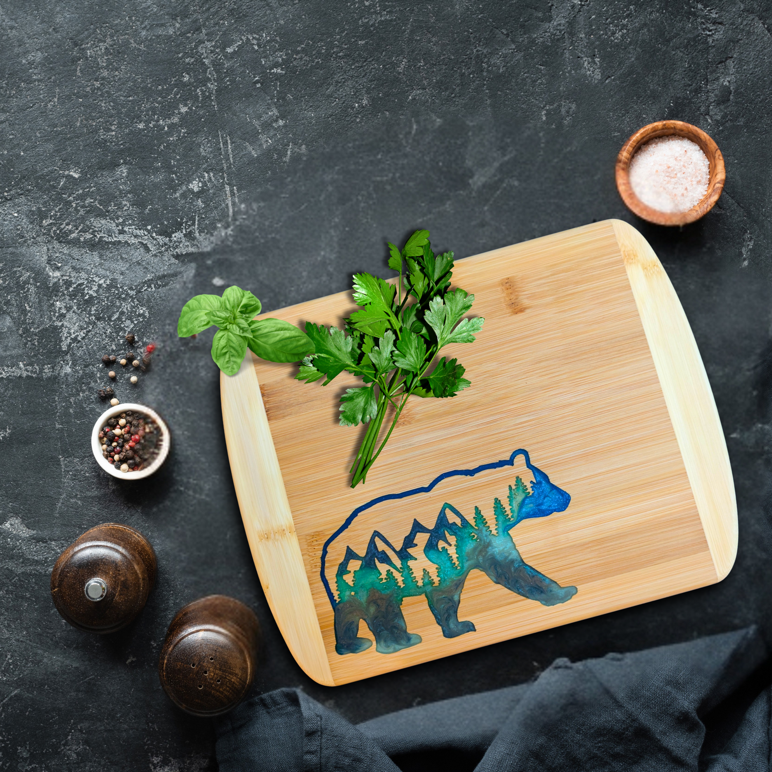 Mountain Bear Epoxy Resin Inlay Bamboo Cutting Board