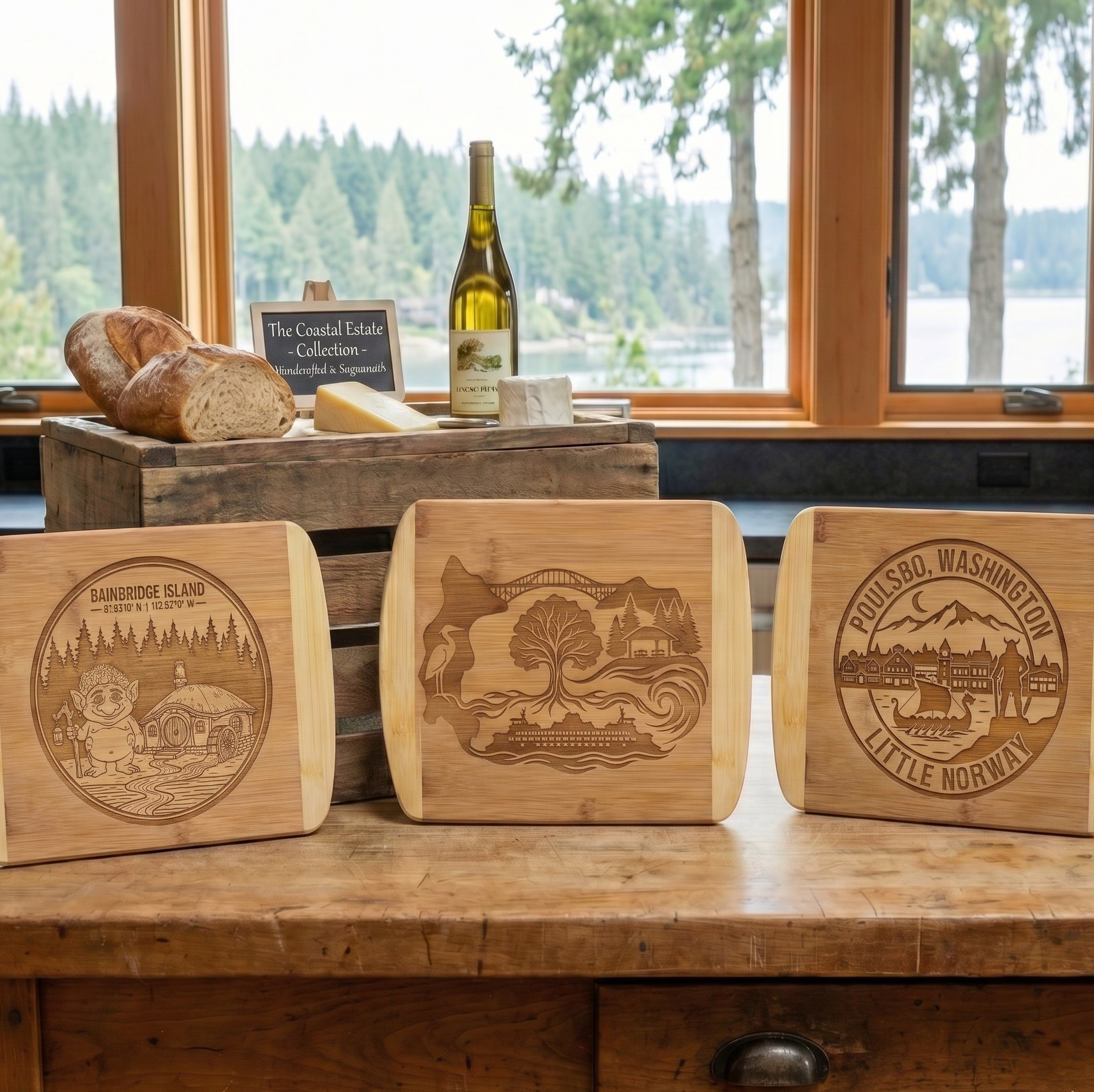 A group display of three premium engraved bamboo cutting boards from The Coastal Estate Collection by The Blended Oasis, featured on a rustic wooden table with artisanal bread, cheese, wine, and a beautiful Pacific Northwest waterfront window view.