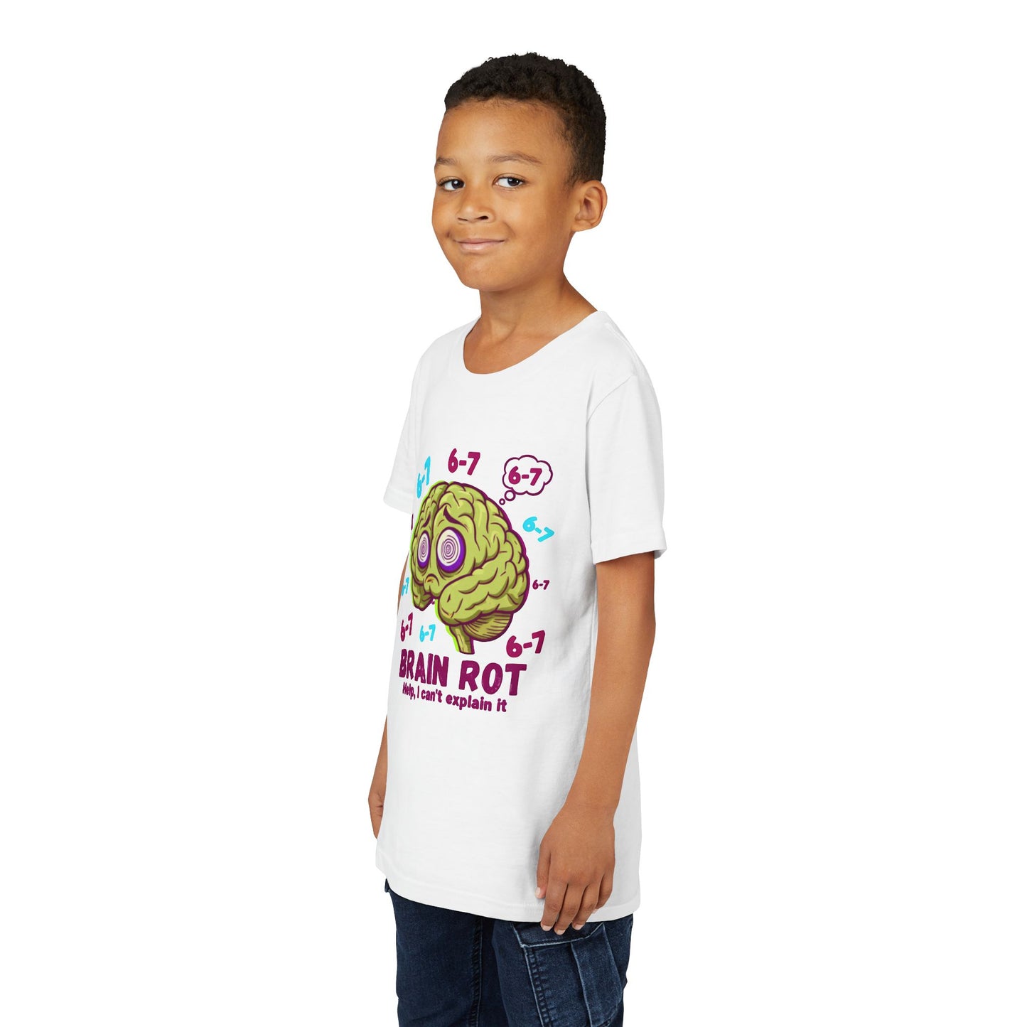 Youth Tee — "Brain Rot" Funny Cartoon Brain Kids Shirt (6-7, Help I Can’t Explain It)