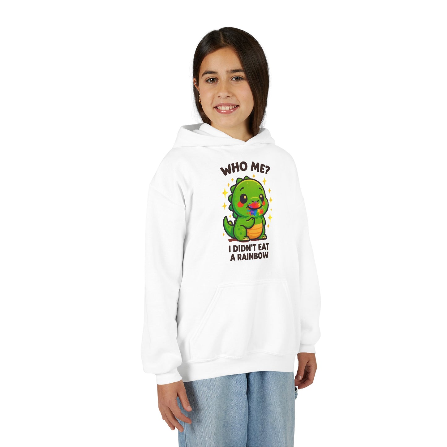 Kids Hoodie - Cute Dino "Who Me? I Didn't Eat a Rainbow" Funny Graphic Pullover