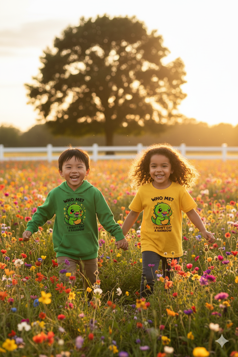 Cute Dino Graphic Youth Tee - "Who Me? I Didn't Eat a Rainbow"