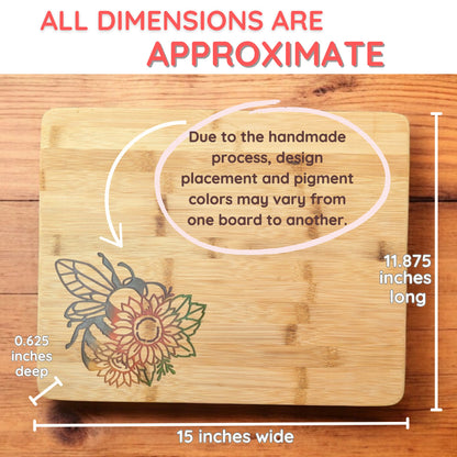 Sunflower Bumblebee Bamboo Cutting, Charcuterie, Serving Board - 15 x 11.875 x .625 inches