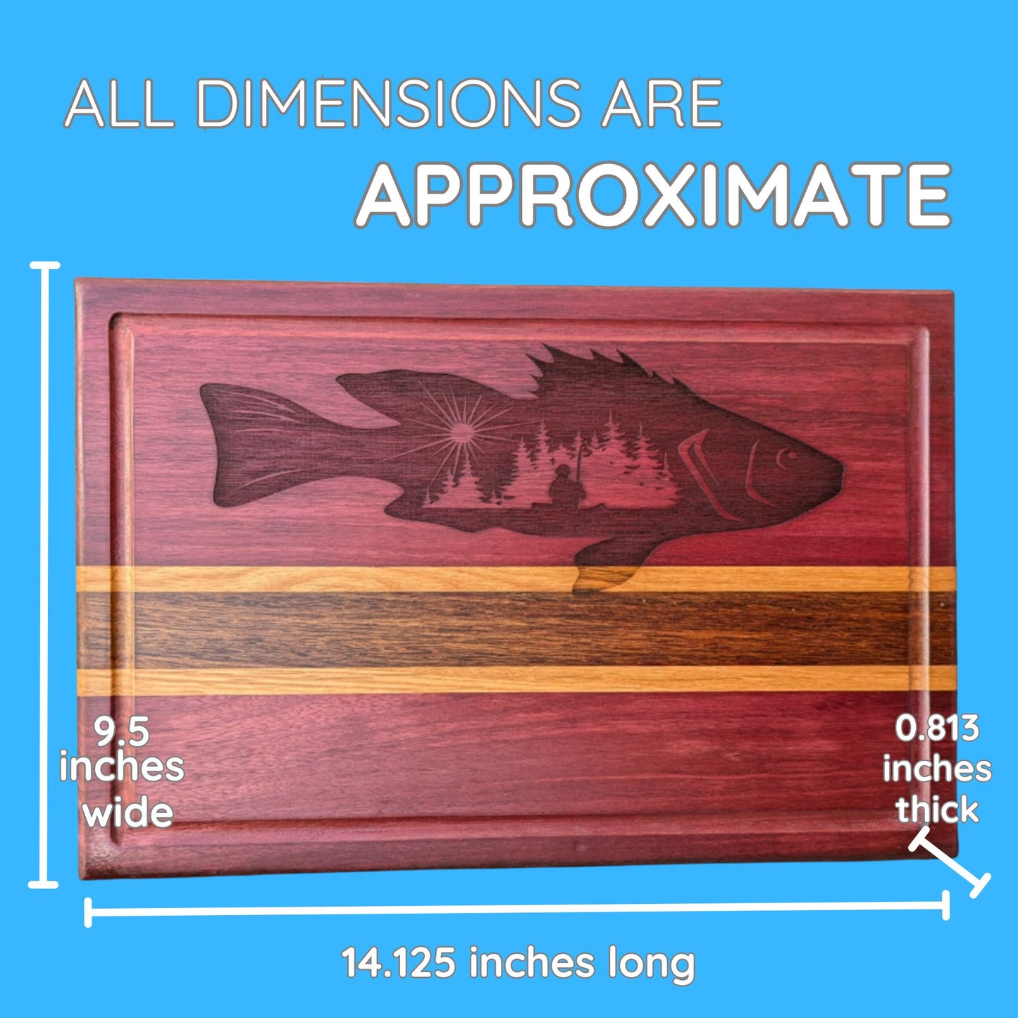 Bass Fisherman Engraving on Exotic Wood Cutting Board - 13 x 9.5 x .813 inches