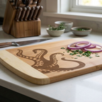 A laser-engraved bamboo cutting board with a detailed octopus tentacle design, featuring sliced red onion and chopped parsley.