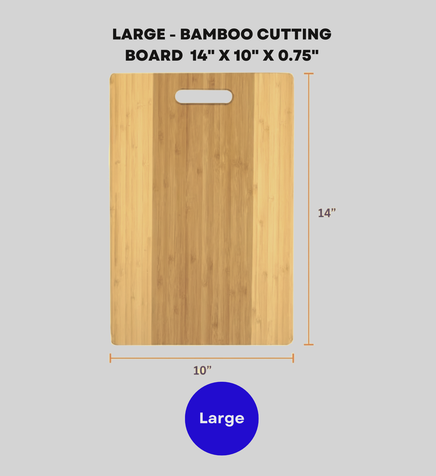 Large Bamboo cutting board with dimensions on a gray background