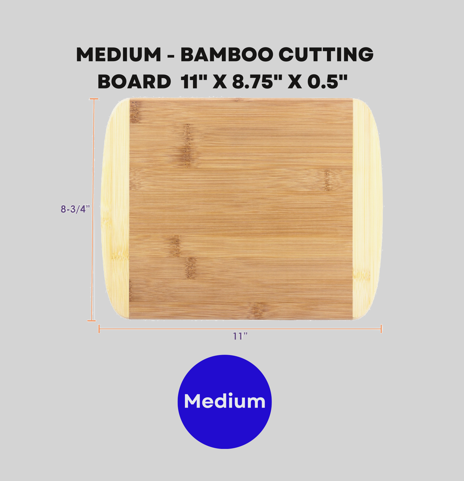 Medium Bamboo cutting board with dimensions on a gray background