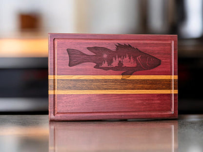 Bass Fisherman Engraving on Exotic Wood Cutting Board - 13 x 9.5 x .813 inches