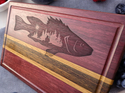 Bass Fisherman Engraving on Exotic Wood Cutting Board - 13 x 9.5 x .813 inches