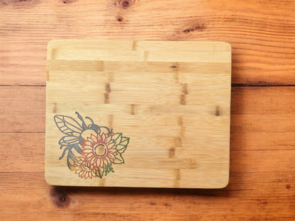 Sunflower Bumblebee Bamboo Cutting, Charcuterie, Serving Board - 15 x 11.875 x .625 inches