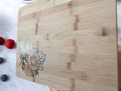 Sunflower Bumblebee Bamboo Cutting, Charcuterie, Serving Board - 15 x 11.875 x .625 inches