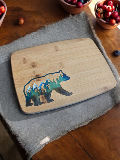 Nature's Majesty: Bear Bamboo Serving Cutting Board - 11 x 8 x .625 inches - Epoxy Resin Inlay