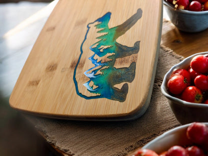 Nature's Majesty: Bear Bamboo Serving Cutting Board - 11 x 8 x .625 inches - Epoxy Resin Inlay