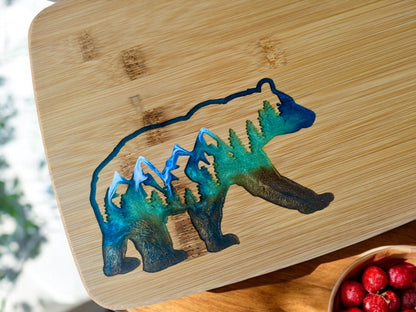 Nature's Majesty: Bear Bamboo Serving Cutting Board - 11 x 8 x .625 inches - Epoxy Resin Inlay