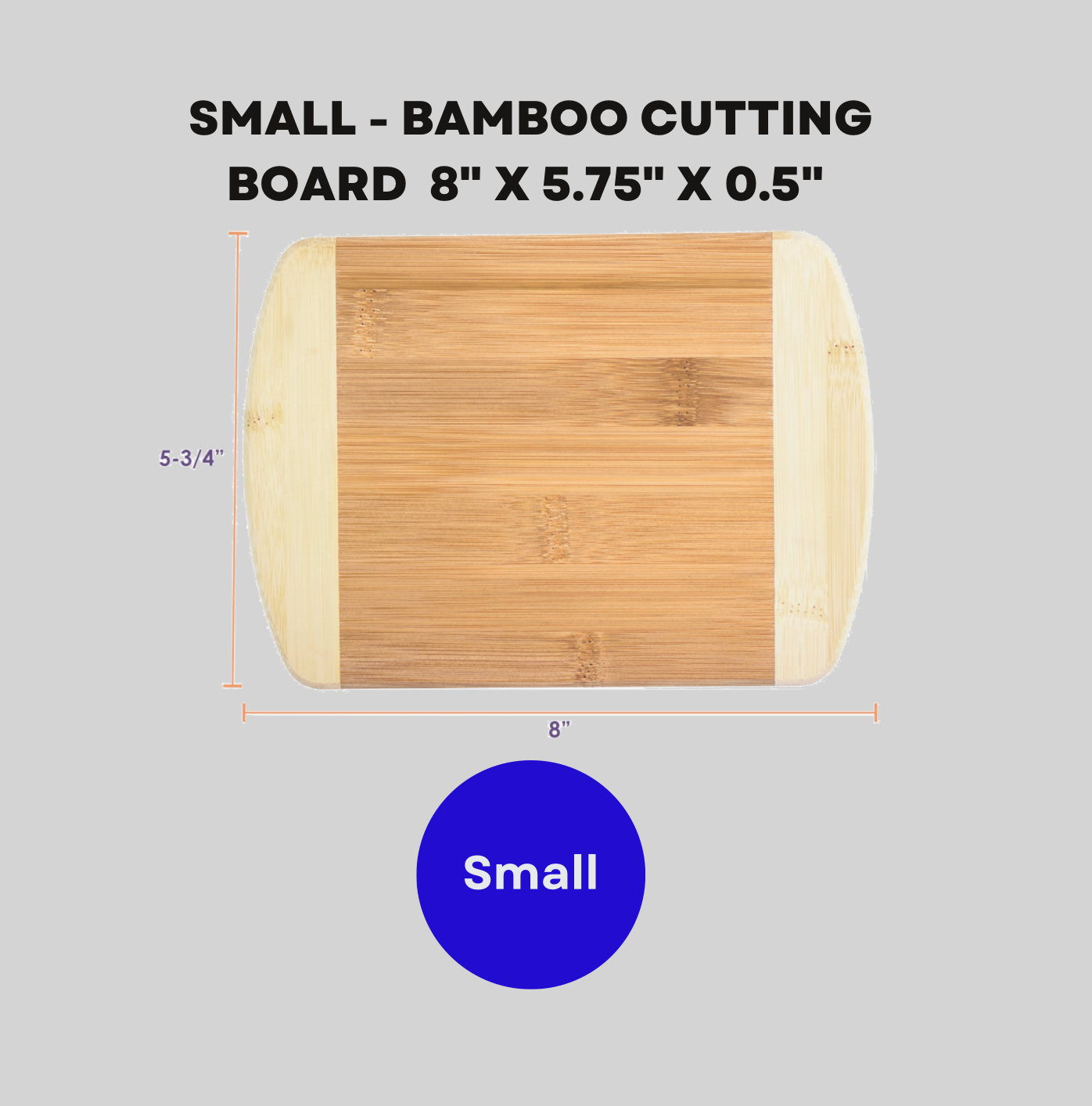 Small bamboo cutting board with dimensions on a gray background