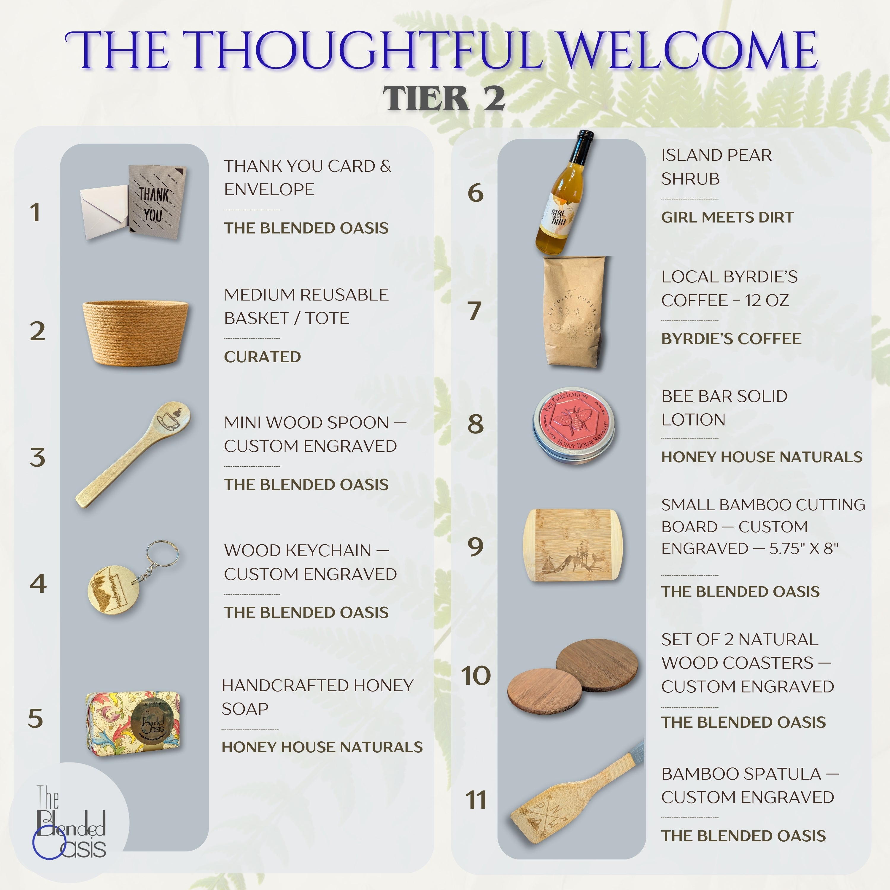 Product lineup for 'The Thoughtful Welcome' tier 2 by The Blended Oasis with items listed on a white background.