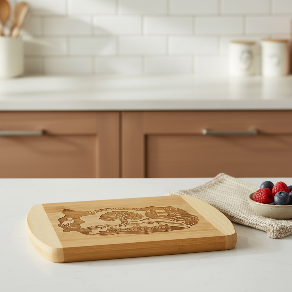 An elegant engraved bamboo cutting board showcasing "The Roots" design with the Agate Pass Bridge and a Washington State Ferry by The Blended Oasis, styled on a white kitchen counter next to a bowl of fresh berries.