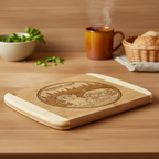 A whimsical engraved bamboo cutting board featuring "The Island Troll" and a hobbit house layout by The Blended Oasis, displayed on a warm wooden kitchen counter next to a steaming coffee mug.