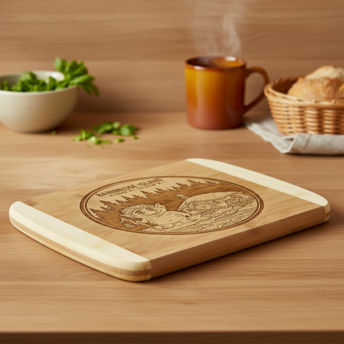 A whimsical engraved bamboo cutting board featuring "The Island Troll" and a hobbit house layout by The Blended Oasis, displayed on a warm wooden kitchen counter next to a steaming coffee mug.