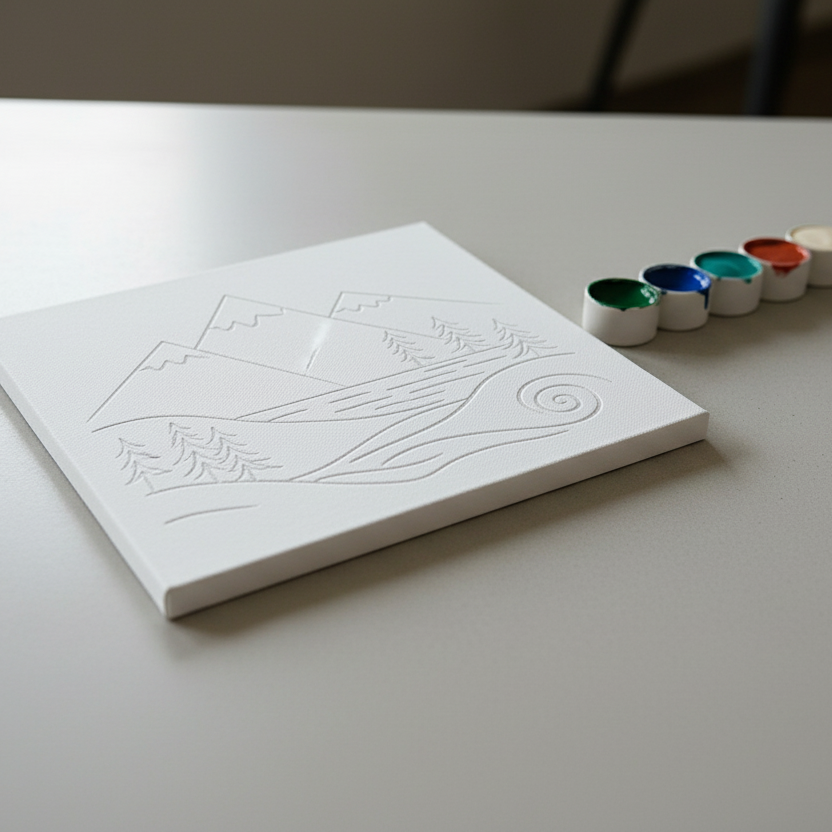 blank white painting canvas with lightly scored PNW simple design. next to it is a palette of 6 paint colors in paint pot strips.