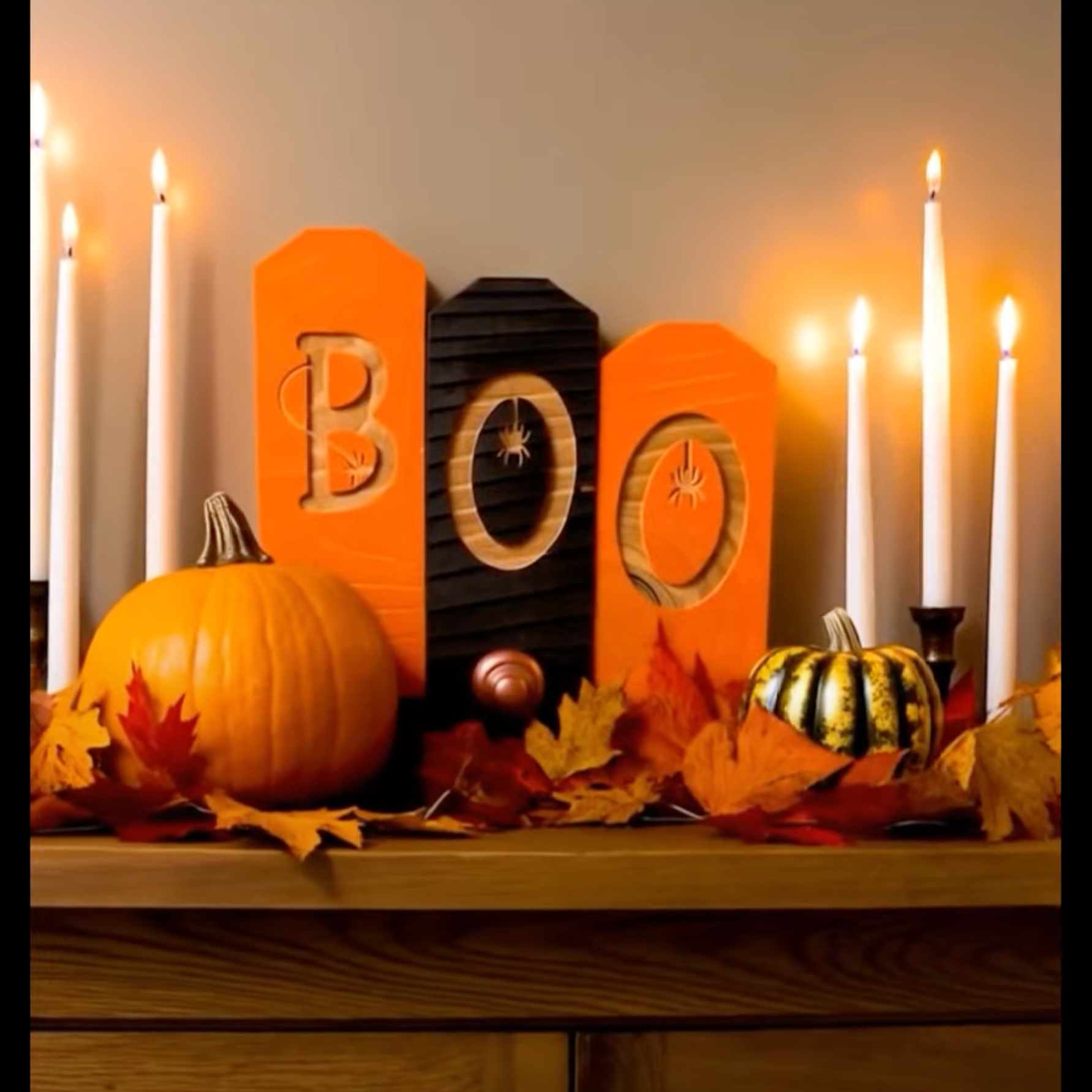 Halloween-themed decor with pumpkins, candles, and 'BOO' letters on a wooden surface.