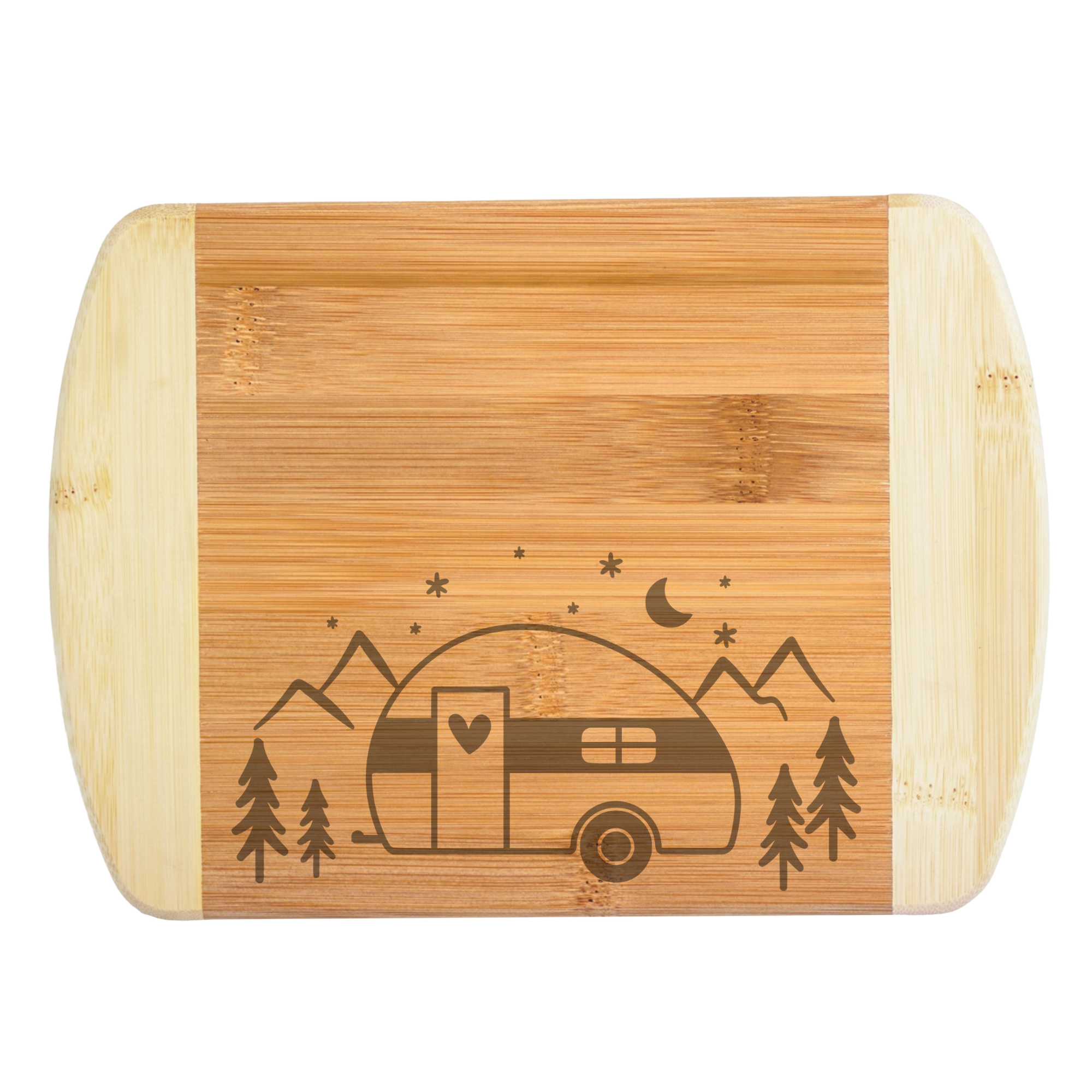 Laser engraved bamboo cutting board with a custom design featuring a classic raindrop camper, pine evergreen trees, mountain, moon, stars. Cutting board is on a white background. 