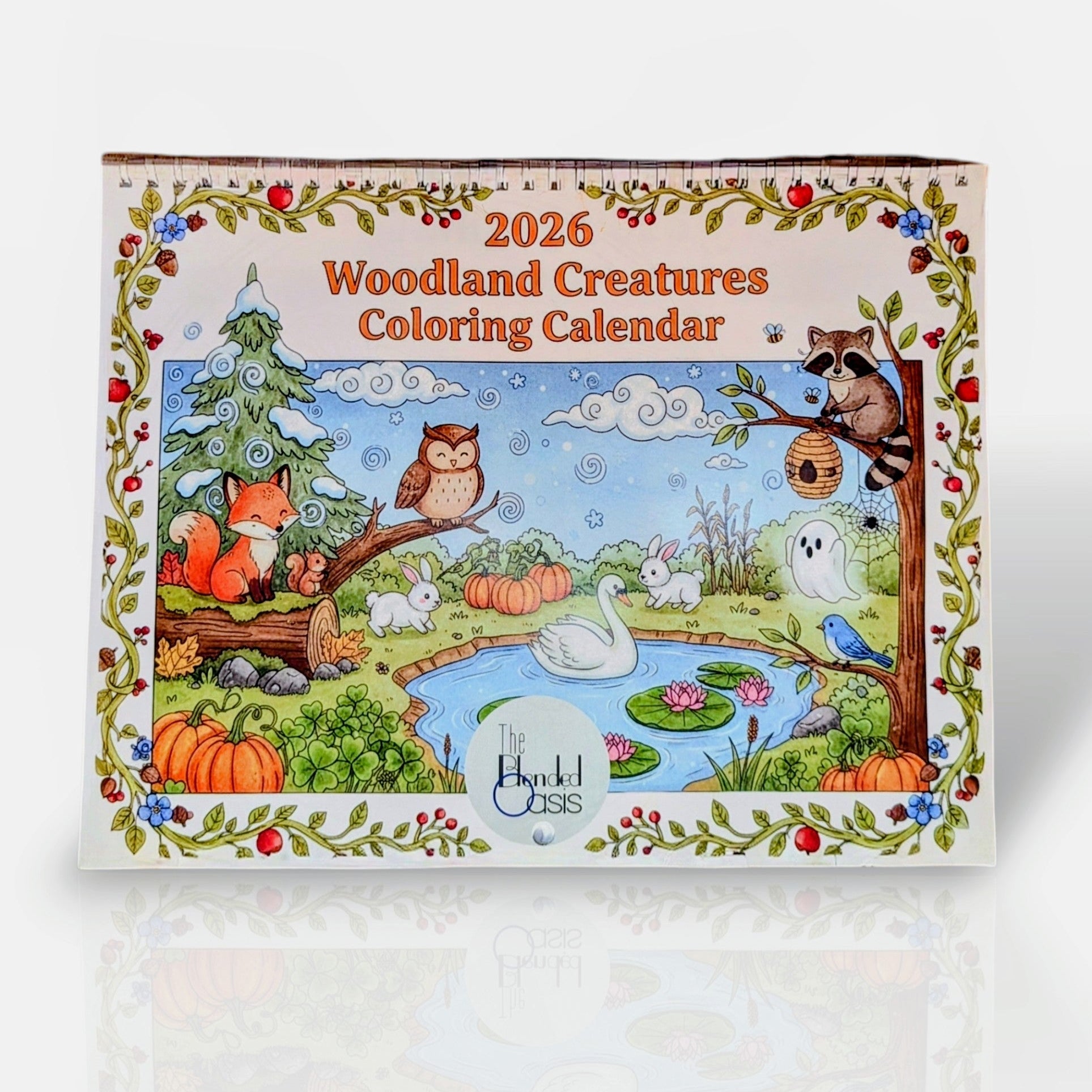 2026 Woodland Creatures Coloring Calendar on a white background
