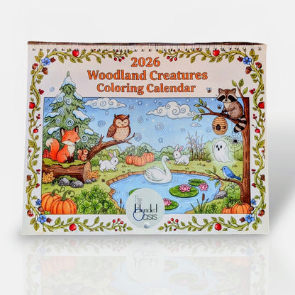 2026 Woodland Creatures Coloring Calendar on a white background