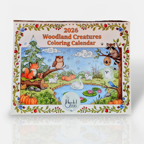 2026 Woodland Creatures Coloring Calendar on a white background