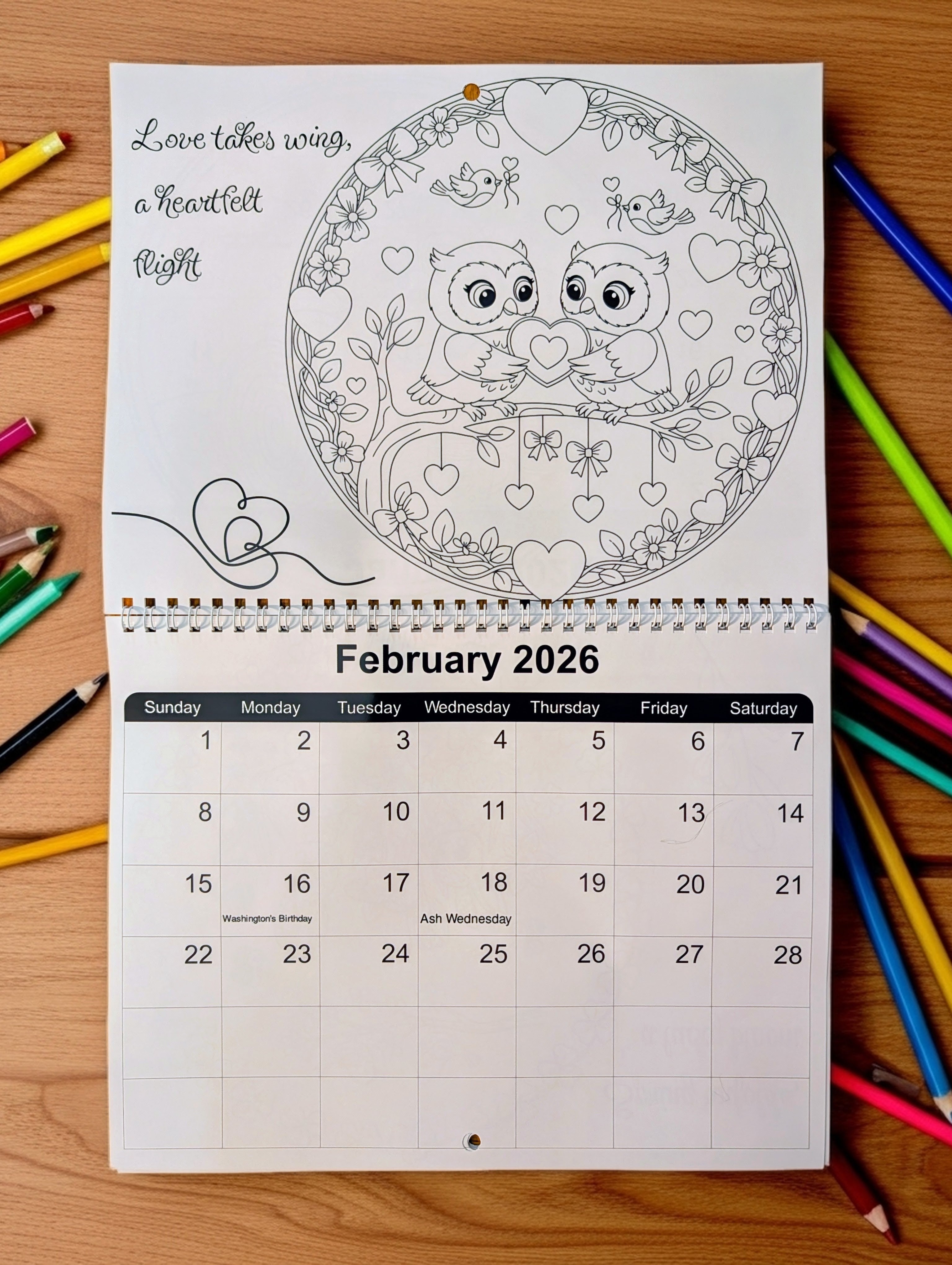 February 2026 calendar with coloring design on a wooden surface with colorful pencils.