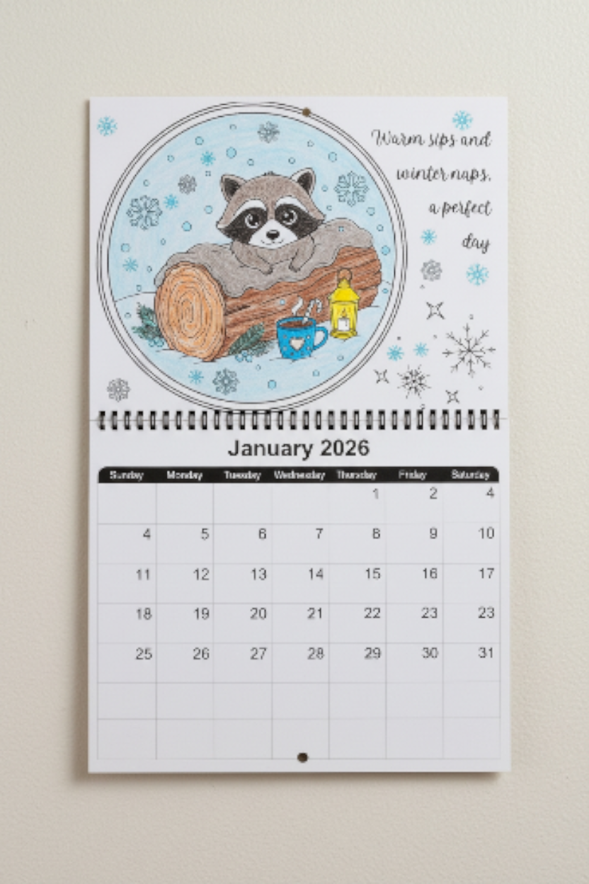 Calendar for January 2026 with a raccoon illustration on a beige background