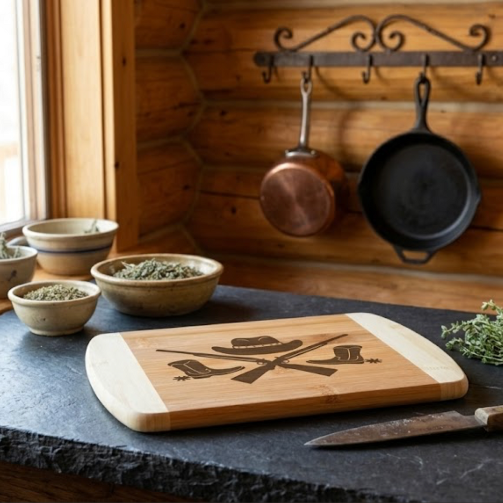 Two-tone bamboo cutting board. Cohesive Western kitchen decor: a handcrafted bamboo serving board with a detailed cowboy gear laser etching, styled next to a wooden-handled knife and fresh herbs by The Blended Oasis.