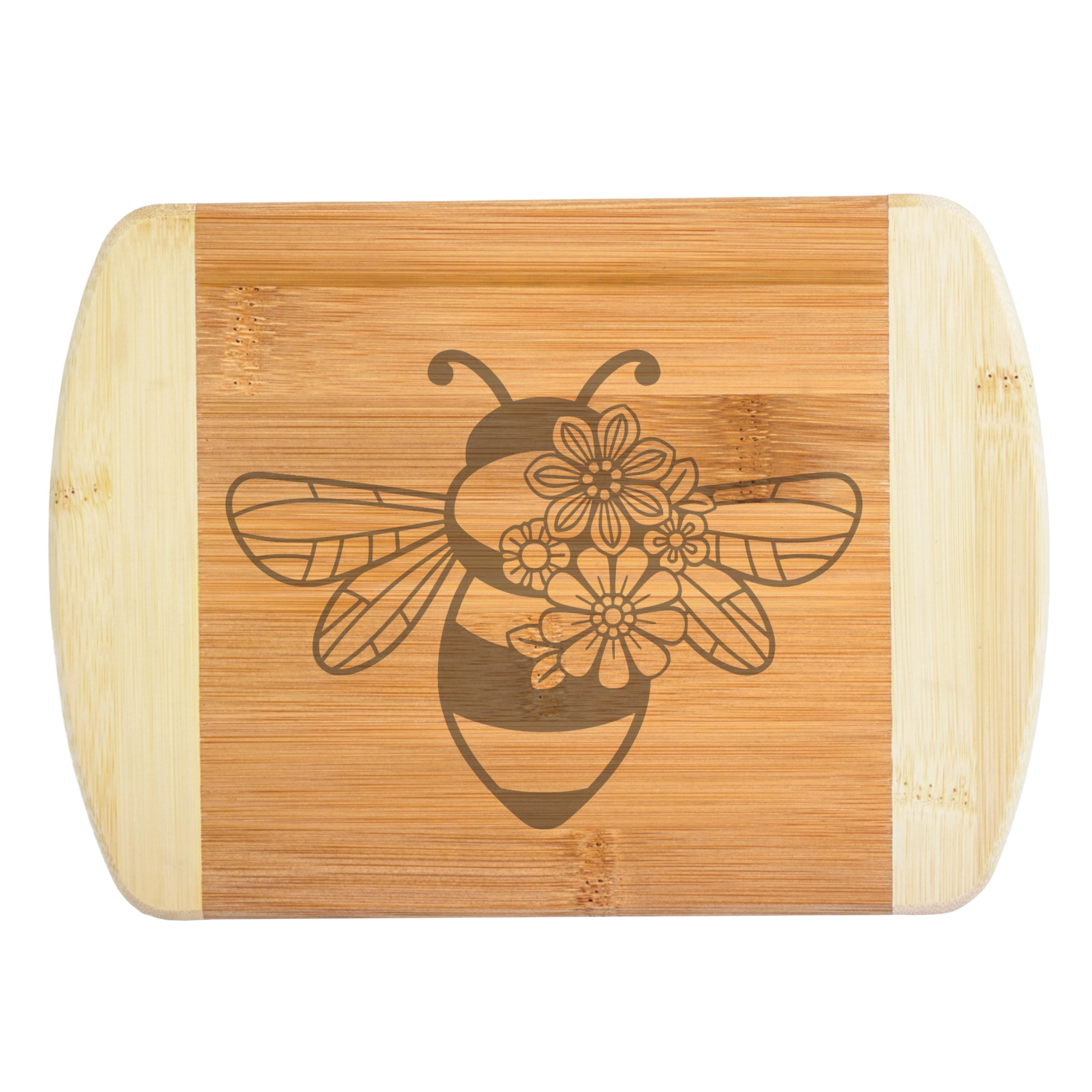 A beautiful engraved bamboo cutting board showcasing a unique honeybee design with a delicate cluster of flowers on its wing, handcrafted by The Blended Oasis in Washington State.