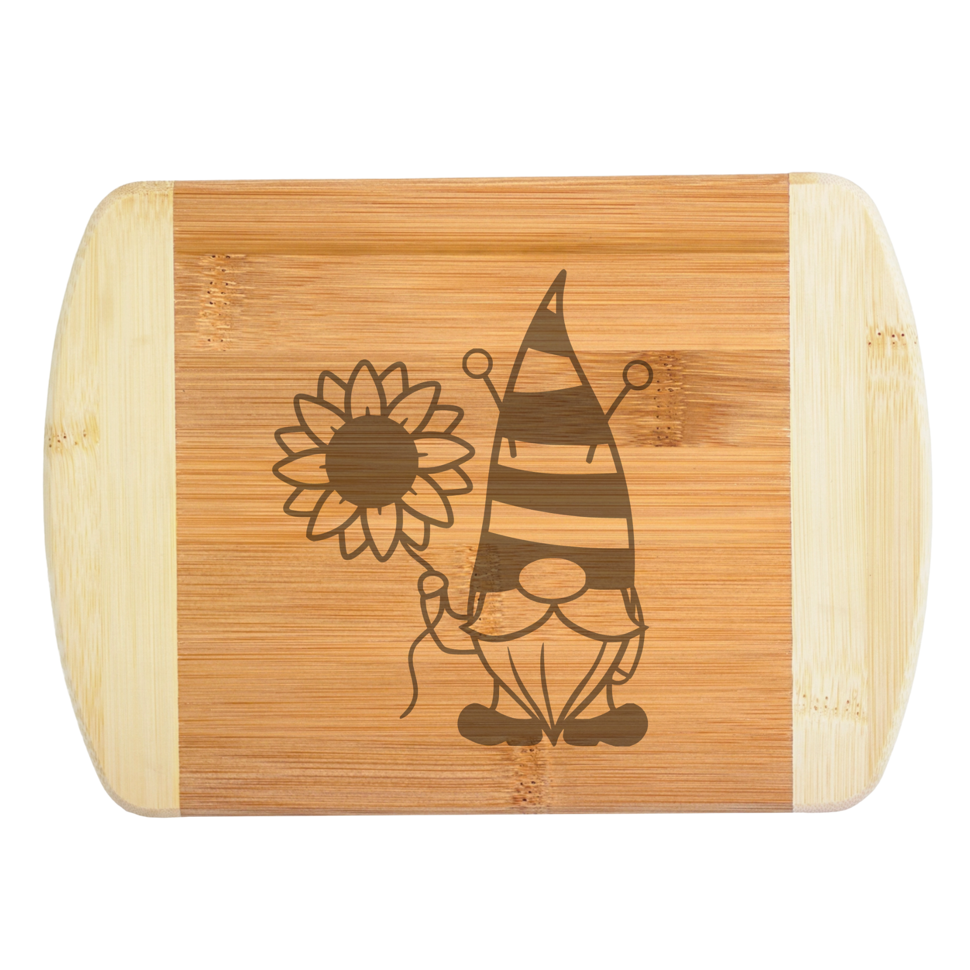 laser engraved design of garden gnome holding sunflower balloon, which is engraved on bamboo cutting board.